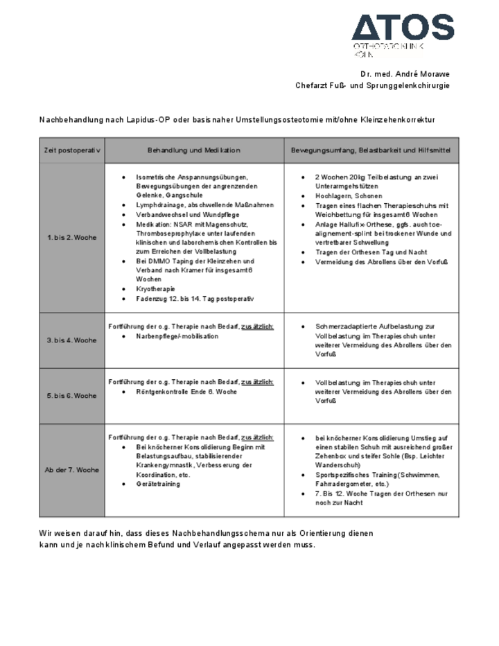 Nachbehandlung nach Lapidus-OP oder basisnaher Umstellungsosteotomie mit/ohne Kleinzehenkorrektur